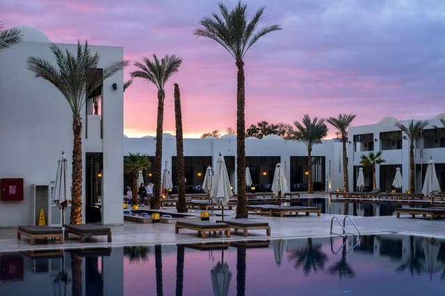 Hospitality resort property at dusk