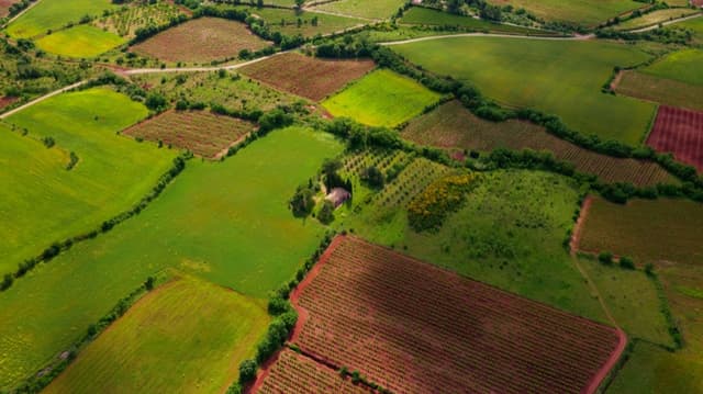 Aerial view of rural farmland and agricultural fields